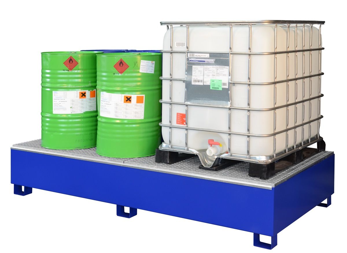 Acél kármentő tálca 1000 liter – IBC tartályhoz, acélráccsal, 4000 kg teherbírással